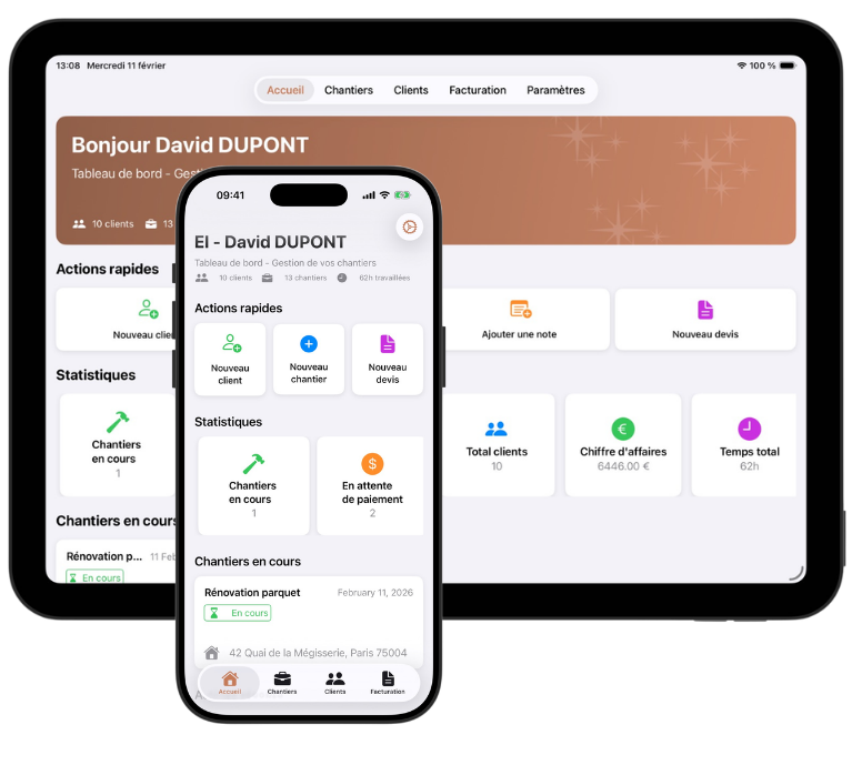 Interface de l'application Brick montrant la gestion de devis, factures et chantiers pour artisans BTP